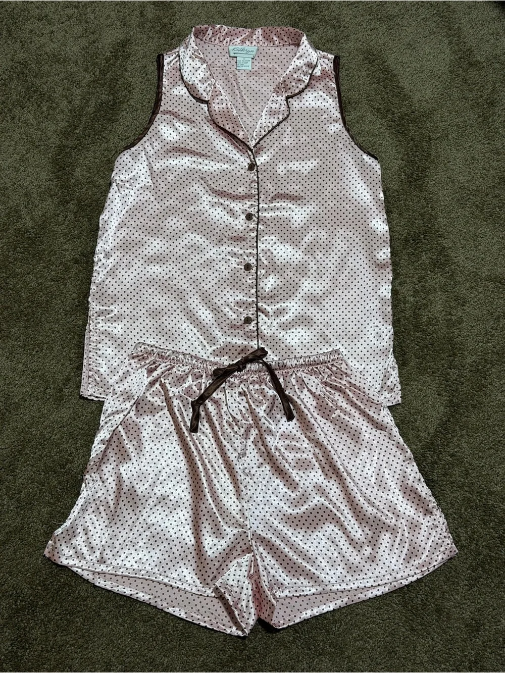 Sleeveless Pink Polka Dot Satin Pajama Set with Brown Trim